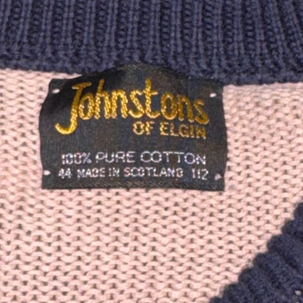 Johnstons of Elgin Cotton Striped Sweater Mens 44 Navy Pink/Peach EUC Scotland - Picture 3 of 7